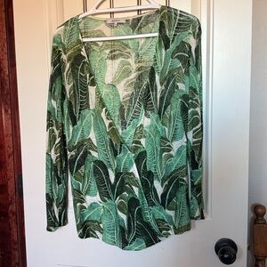 Zo Zo Lightweight Gauzy Cardigan in green, black, white Hawaiian leaf pattern.
